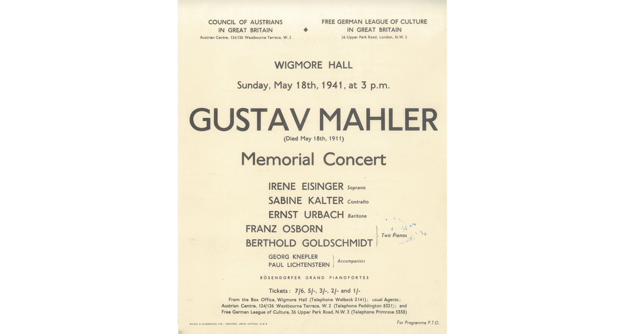 A concert programme of a memorial concert for Gustav Mahler held at Wigmore Hall on Sunday, May 18, 1941. The programme has the names of the performers, ticket prices, the address and the telephone.